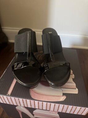 Italian Shoemakers Black Patent and Stretch Slip-On Mules